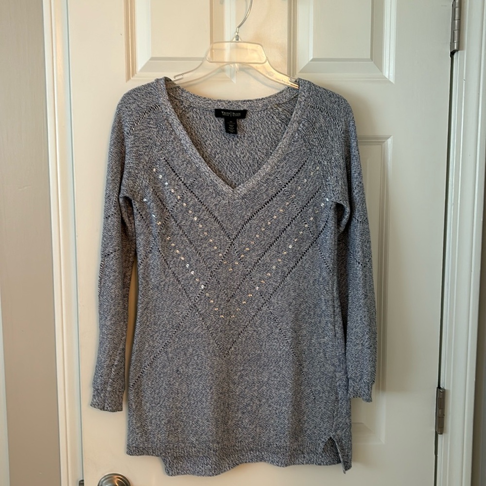 White House Black Market light blue summer weight sweater with metallic threads.